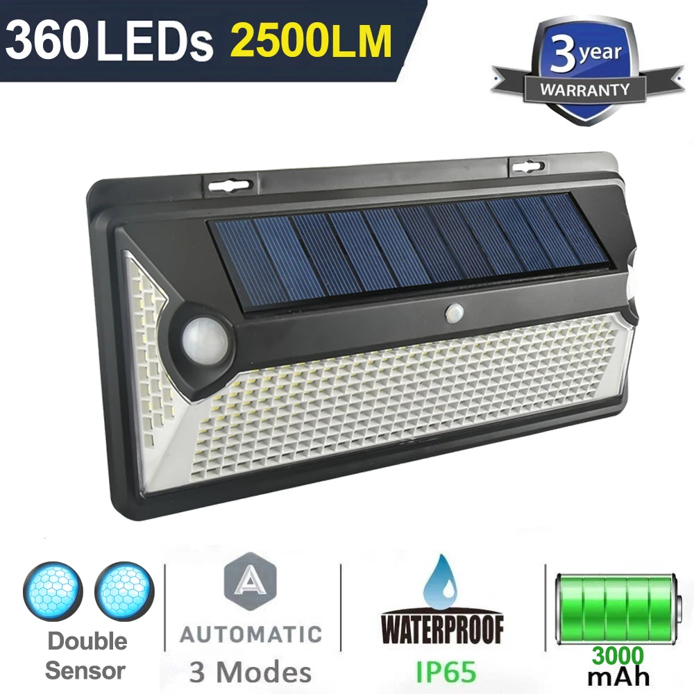Fcmila Powerful Upgraded 360LED Solar Light DOUBLE PIR Motion Sensor IP65 Outdoor Solar Wall Street Light Waterproof Lamp
Fcmila Powerful Upgraded 360LED Solar Light DOUBLE PIR Motion Sensor IP65 Outdoor Solar Wall Street Light Waterproof Lamp