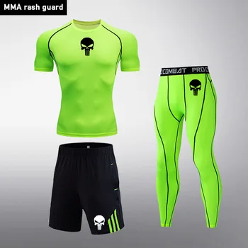 Summer Short 3 piece set Brand Men's Clothing Skull MMA Tactical T-shirt Male Gym running Tights jogging Top sports exercise Set 
Summer Short 3 piece set Brand Men's Clothing Skull MMA Tactical T-shirt Male Gym running Tights jogging Top sports exercise Set