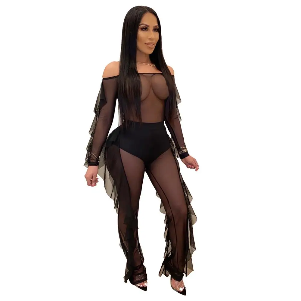 Sexy Jumpsuit Women Ruffle Sheer Mesh Slash Neck Jumpsuit Long Sleeve Women Romper With Panty Lined Fashion Night Club Overalls
Sexy Jumpsuit Women Ruffle Sheer Mesh Slash Neck Jumpsuit Long Sleeve Women Romper With Panty Lined Fashion Night Club Overalls