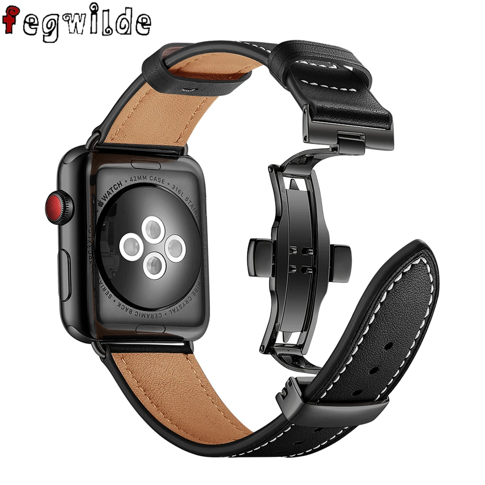 

strap For Apple watch band 44 mm 42mm 40mm 38mm iWatch series 5 4 3 2 1 Leather metal Butterfly buckle bracelet belt watchband