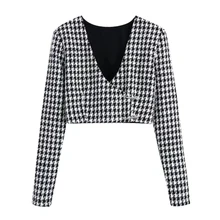 Casual Women Houndstooth V Neck Short Shirt Long Sleeve Female Blouse Office Lady Slim Crop Tops Blusas S9821
Casual Women Houndstooth V Neck Short Shirt Long Sleeve Female Blouse Office Lady Slim Crop Tops Blusas S9821