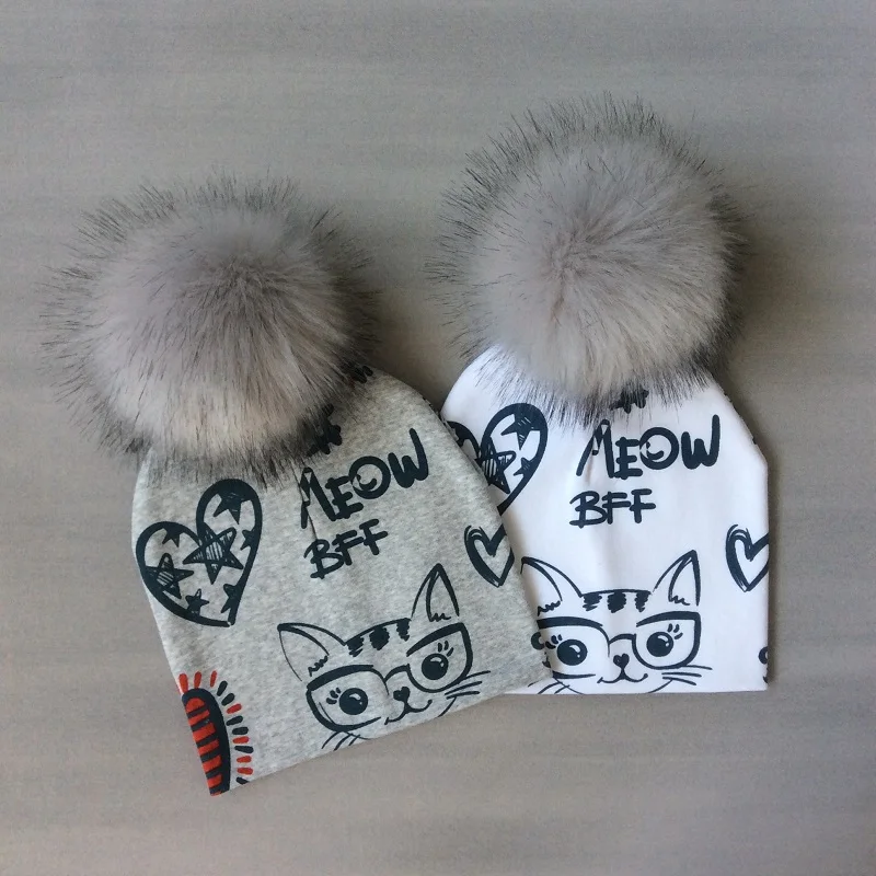 Kids Girls Hats Cat Printing Cotton Pompom Hat For Girls Winter Children Caps Faux Fur Baby Hat Bonnet Kids Girls Hats Cat Printing Cotton Pompom Hat For Girls Winter Children Caps Faux Fur Baby Hat Bonnet