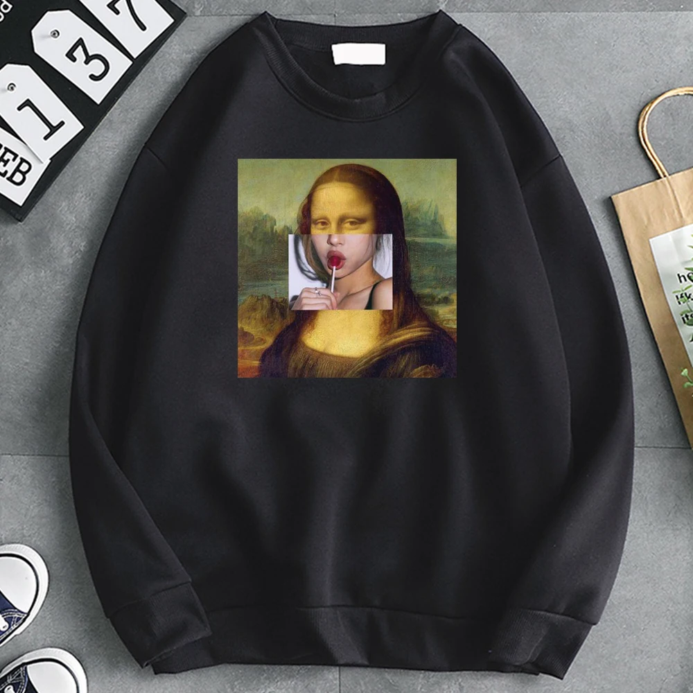 

Fashion Mona Lisa Print Hoodie Long Sleeve Loose Pocket Sweatshirts Mens Casual Hooded Clothes Manga Hip Hop Kpop Tracksuits