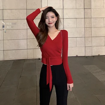 Crop Top Sexy V-neck Cross Straps Tops Women's Slim Fit Slimming Short-height Base Shirt High-waisted Tight Long-sleeved T-shirt 
Crop Top Sexy V-neck Cross Straps Tops Women's Slim Fit Slimming Short-height Base Shirt High-waisted Tight Long-sleeved T-shirt
