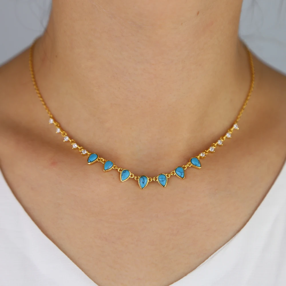 

shiny stone paved choker jewelry tear drop blue opal cz station statement layer gold color necklace