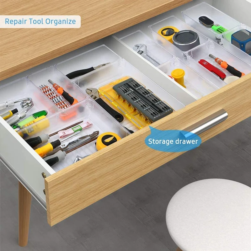 Set Of 12 Desk Drawer Organizer Trays with 3-Size Clear Plastic Storage Boxes Divider Make-Up Organiser for Office Set Of 12 Desk Drawer Organizer Trays with 3-Size Clear Plastic Storage Boxes Divider Make-Up Organiser for Office