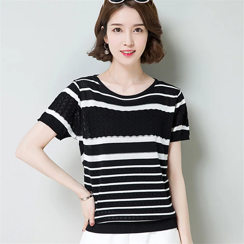 Spring and Summer New Cut-out Thin Sweater, Round Neck Pullover Striped Short Sleeve Top
Spring and Summer New Cut-out Thin Sweater, Round Neck Pullover Striped Short Sleeve Top
