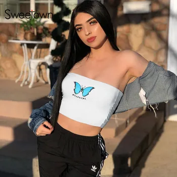 

Sweetown Sexy Off Shoulder Strapless Boob Tube Top Streetwear Fashion Butterfly Print Summer Bralette Crop Bandeau Top Wrapped