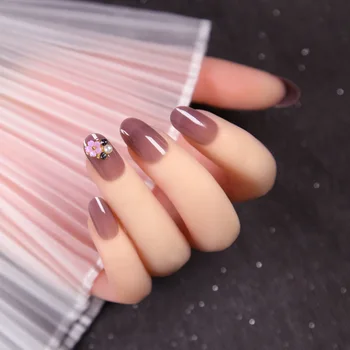 24pcs/box Detachable Hand Fake Nails Advanced Summer Ice Transparent Crystal Grape Purple Flower Decorated Fingernails with Glue
