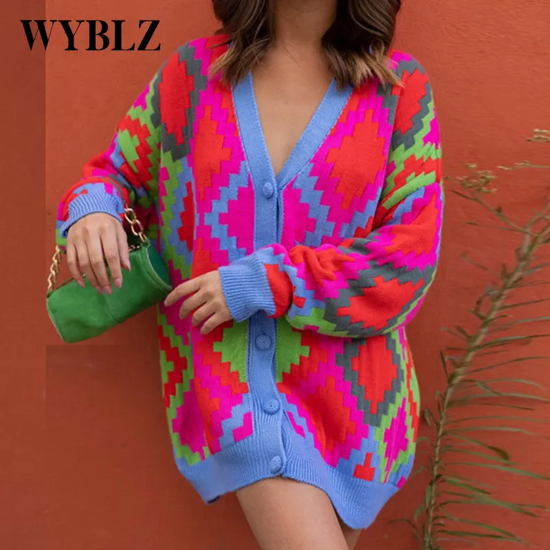 

WYBLZ Color Contrast Knitted Cardigans Women Fashion Winter Sweater Coat Female Autumn Loose Casual Oversized Knitwear Jacket