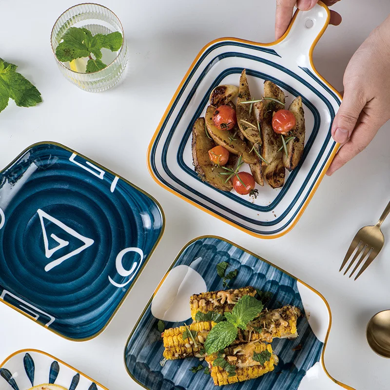 Single handle ceramic plate creative square simple baking tray household flat glazed tableware
Single handle ceramic plate creative square simple baking tray household flat glazed tableware