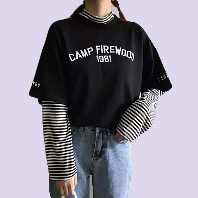 Female Striped Patchwork T-shirts With Slogans Punk Oversize Tops Spring Printed T-shirt Gothic Shirt Autumn White T Shirt Women
Female Striped Patchwork T-shirts With Slogans Punk Oversize Tops Spring Printed T-shirt Gothic Shirt Autumn White T Shirt Women