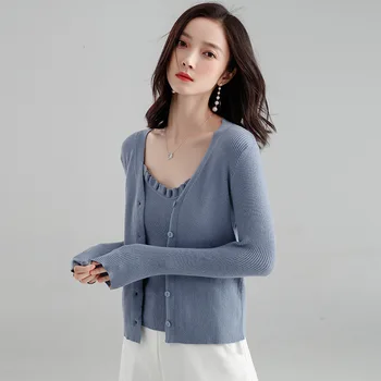 2019 Autumn Knitting Cardigan V-neck Single-breasted knitting loose coat and vest two-piece set women knitted twinset F829C
2019 Autumn Knitting Cardigan V-neck Single-breasted knitting loose coat and vest two-piece set women knitted twinset F829C