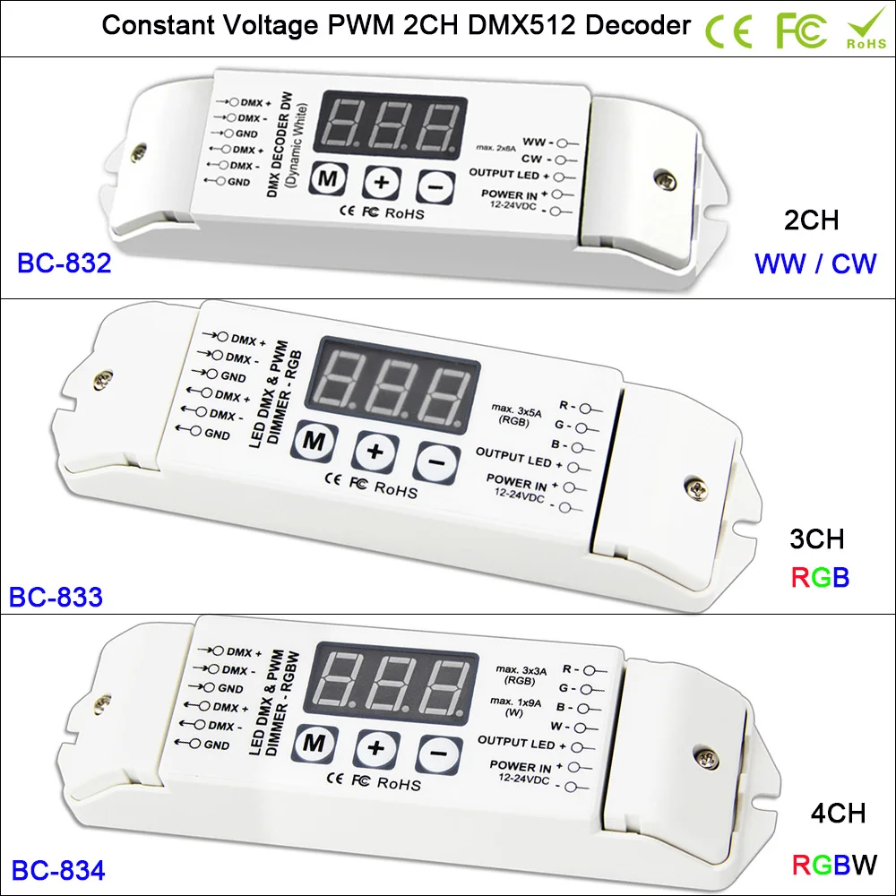 DC12V-24V 2CH 3CH 4CH led CV PWM DMX512/1990 decoder Controller for SMD 5050 WW CW / RGB /RGBW led strip tape lamp
DC12V-24V 2CH 3CH 4CH led CV PWM DMX512/1990 decoder Controller for SMD 5050 WW CW / RGB /RGBW led strip tape lamp