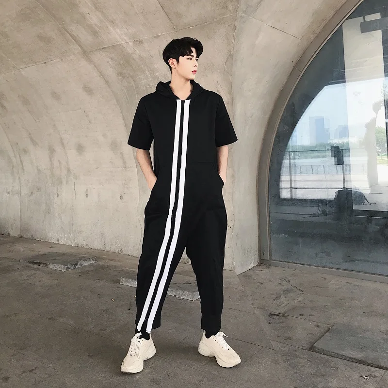 

New Men clothing Hair Stylist fashion Catwalk Summer Caps short sleeved pants jumpsuit Overalls costumes
