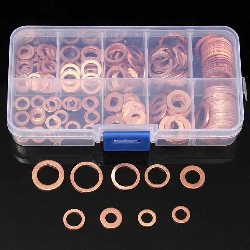 

200pcs Copper Washers Gasket Set Flat Ring Seal Assortment Kit M5-M14 with Box For Hardware Accessories