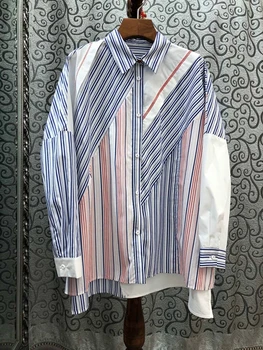 2020 Spring and Summer New Women's Lapel Irregular Stripe Spell Color Stitching Long Sleeve All-match Shirt Shirt 408
2020 Spring and Summer New Women's Lapel Irregular Stripe Spell Color Stitching Long Sleeve All-match Shirt Shirt 408