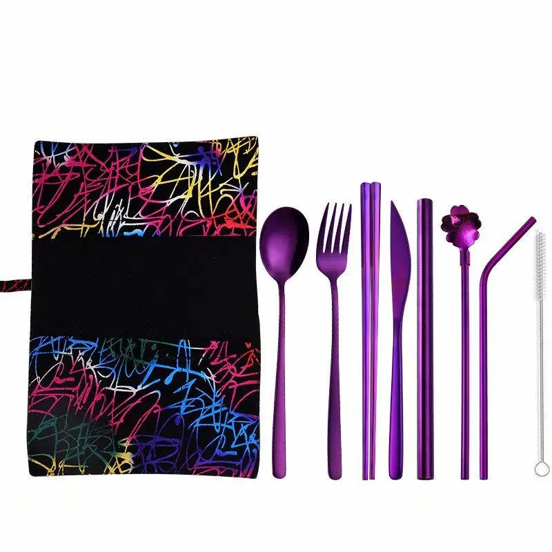 Dinnerware Set Travel Camping Steel Cutlery Set Reusable Tableware Set with Metal Straw Spoon Fork Knife Set with Portable Bag
Dinnerware Set Travel Camping Steel Cutlery Set Reusable Tableware Set with Metal Straw Spoon Fork Knife Set with Portable Bag