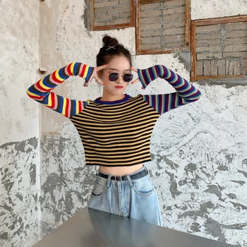 Women O-neck Knitted Patched Striped Full Sleeve Sweaters Pullovers Girls Thin Sweater Shirts Crop Tops for Female
Women O-neck Knitted Patched Striped Full Sleeve Sweaters Pullovers Girls Thin Sweater Shirts Crop Tops for Female