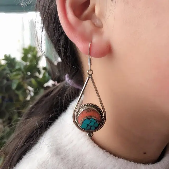 Boucles d'oreilles goutte d'eau du népal pour femmes, ethnique tibétaine Lapis Turquoises, pierre pendante, nouvelle collection, ER175 2