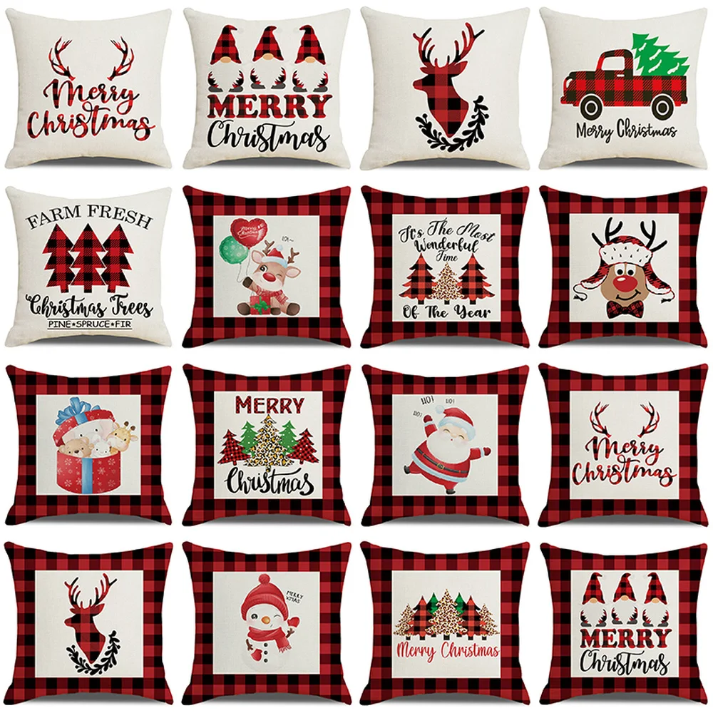 

Merry Christmas Cushion Cover 18x18 Inches Red and Black Buffalo Lattice Plaid Linen Pillowcase Xmas Decorative Pillow Covers