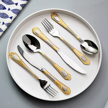6Pcs Stainless Steel Cutlery Set Luxury Western Gold Steak Knife Fork Metal Tableware Juego Vajilla Dinner Silverware Set KK60CJ
6Pcs Stainless Steel Cutlery Set Luxury Western Gold Steak Knife Fork Metal Tableware Juego Vajilla Dinner Silverware Set KK60CJ