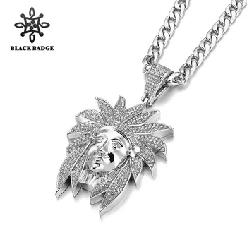 

Hip Hop Jewelry Indian Chief Head Pendant Paved Bling Zircon Gold/Silver Color Charm Necklace Men Titanium Necklace Jewelry