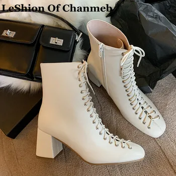 Stylish Women's Cross Tied Genuine Leather Boots Woman Square Toe Block Heels Suede Short Boots Black Beige Brand Designer Shoes 
Stylish Women's Cross Tied Genuine Leather Boots Woman Square Toe Block Heels Suede Short Boots Black Beige Brand Designer Shoes