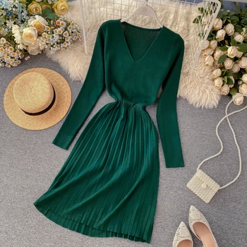 Vintage 2020 Slim V Neck Autumn Winter Knitted Sweater Midi Long Dress Female Party Long Sleeve Dresses Women Pleated Vestidos
Vintage 2020 Slim V Neck Autumn Winter Knitted Sweater Midi Long Dress Female Party Long Sleeve Dresses Women Pleated Vestidos
