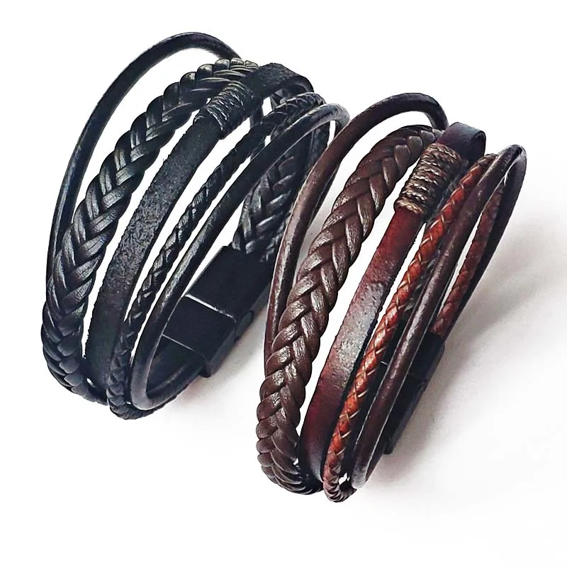 

Trendy Genuine Leather Bracelets Men Stainless Steel Multilayer Braided Rope Bracelets for Male Female Bracelets Jewelry