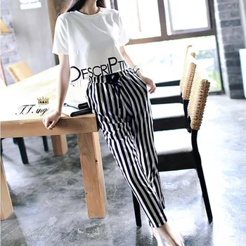 Summer Fashion Two-Piece Female Letter Printed Short-Sleeved Shirt And Striped Elastic Pants Simple And Versatile
Summer Fashion Two-Piece Female Letter Printed Short-Sleeved Shirt And Striped Elastic Pants Simple And Versatile