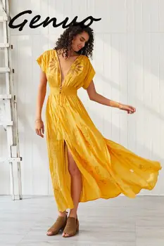 Genuo New 2019 New Women Clothes Boho High Waist V Neck Hollow Out Embroidery Short Sleeve Sexy Yellow Elegant Long Dress
Genuo New 2019 New Women Clothes Boho High Waist V Neck Hollow Out Embroidery Short Sleeve Sexy Yellow Elegant Long Dress