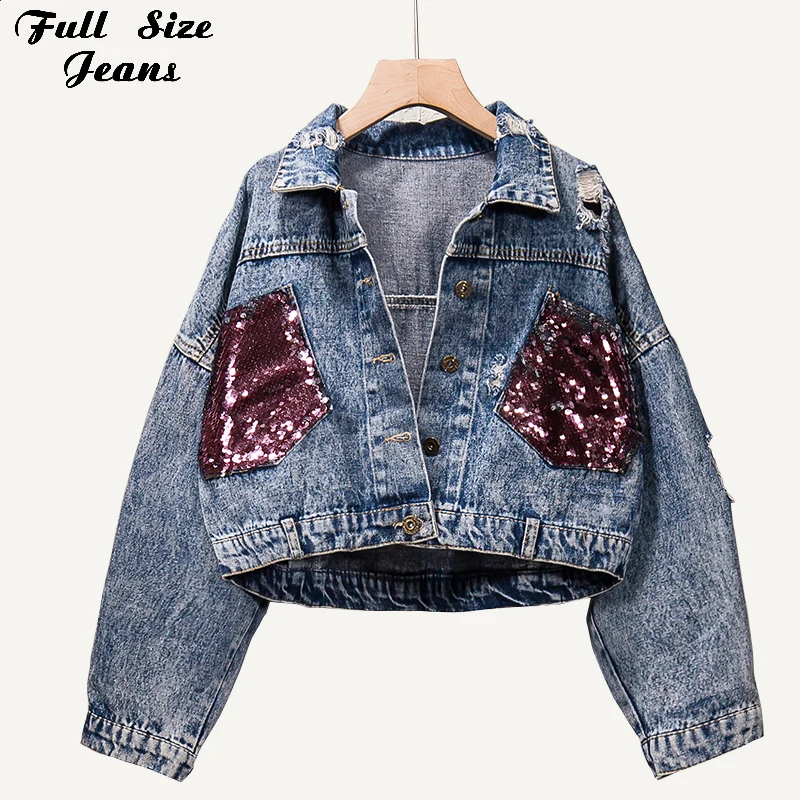 Plus Size Ripped Hole Sequin Bomber Denim Jacket 3XL 5XL Splice Jean Jackets Women Streetwear Autumn Female Short Outwear Coat
Plus Size Ripped Hole Sequin Bomber Denim Jacket 3XL 5XL Splice Jean Jackets Women Streetwear Autumn Female Short Outwear Coat