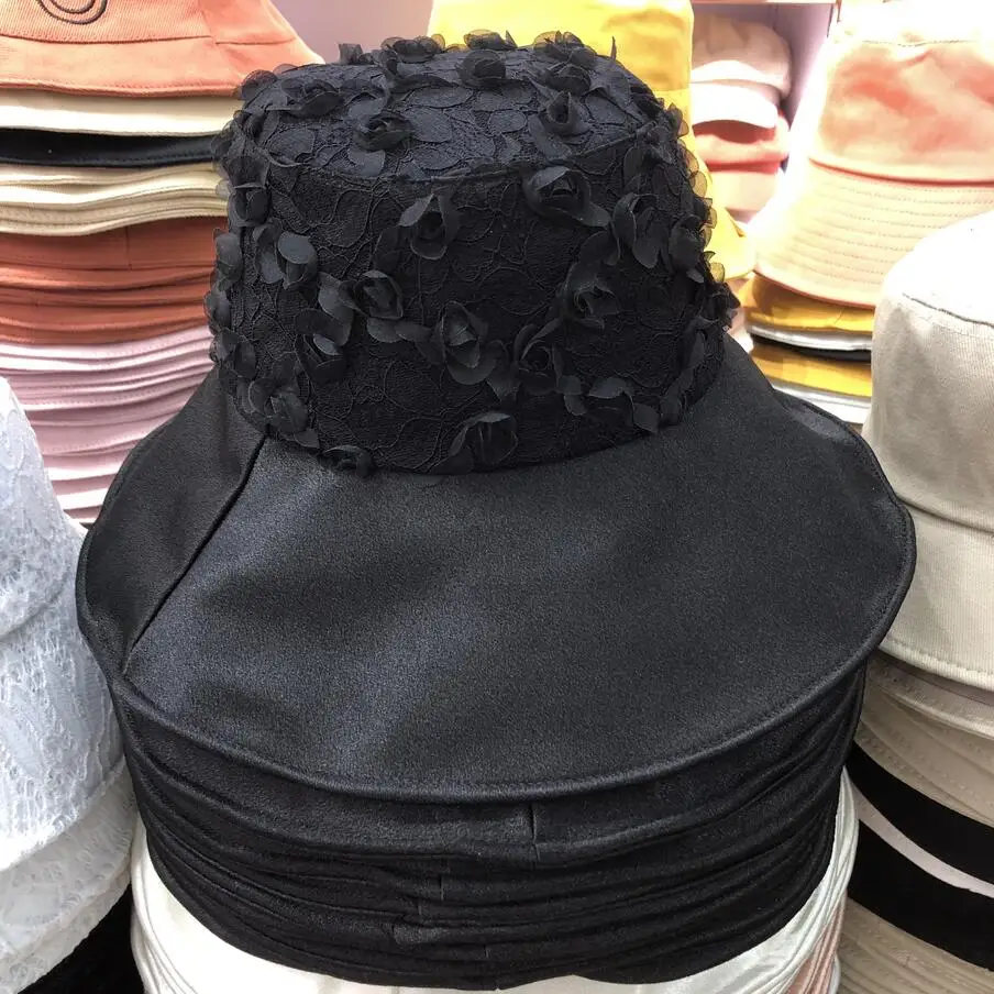 Ladies Girls Fashion Elegant Lace Satin Fisherman Hat Wide Brim Women Summer Beach Sun Protect Pink Lace Silk Bucket Hat 
Ladies Girls Fashion Elegant Lace Satin Fisherman Hat Wide Brim Women Summer Beach Sun Protect Pink Lace Silk Bucket Hat