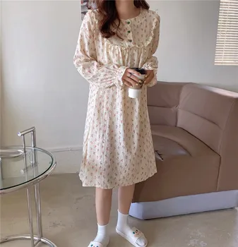 women autumn soft 100% cotton home clothes nightgown long sleeve ruffles loose midi dress homewear floral print nightdress Y168 
women autumn soft 100% cotton home clothes nightgown long sleeve ruffles loose midi dress homewear floral print nightdress Y168