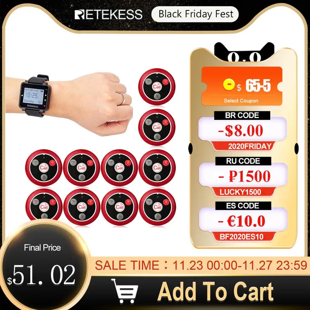 Retekess T128 Restaurant Pager Wireless Waiter Calling System Watch Receiver + 10pcs T117 Call Button For Cafe Clinic Dentist
Retekess T128 Restaurant Pager Wireless Waiter Calling System Watch Receiver + 10pcs T117 Call Button For Cafe Clinic Dentist