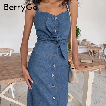 BerryGo Sexy strap long denim dress women Vintage button front bow belt summer dresses 2020 Spring ladies office dress female
BerryGo Sexy strap long denim dress women Vintage button front bow belt summer dresses 2020 Spring ladies office dress female