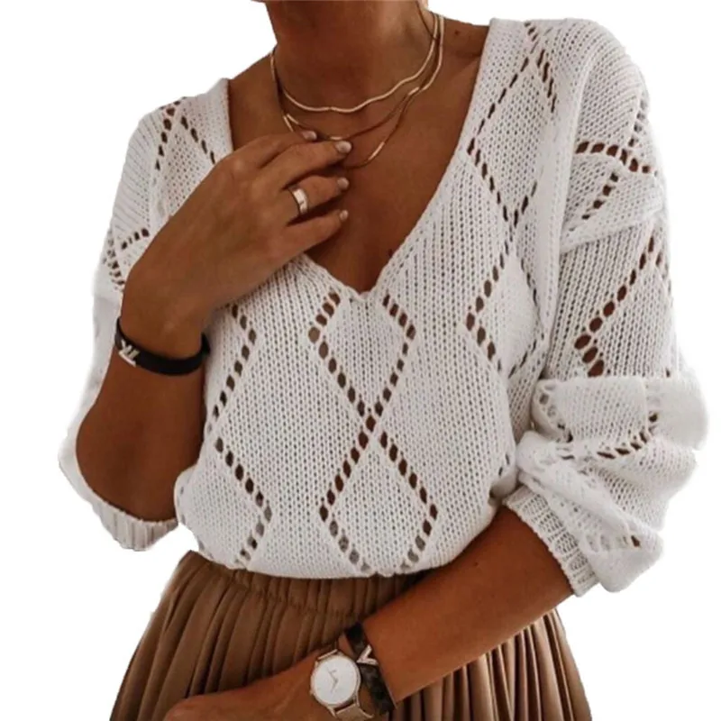 Women Solid Color Sweaters Diamond Hollow Out Design See Through V-Neck Long Sleeve Spring Autumn Casual Loose Kniited Top
Women Solid Color Sweaters Diamond Hollow Out Design See Through V-Neck Long Sleeve Spring Autumn Casual Loose Kniited Top