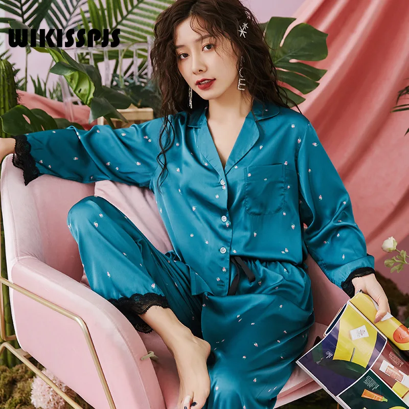 WIKISSPJS New Silk Ice Pajamas Autumn Long Sleeve Lace Bud Cardigan Women's Home Suit Sleepwear Loungewear Bedroom Set Pjs
WIKISSPJS New Silk Ice Pajamas Autumn Long Sleeve Lace Bud Cardigan Women's Home Suit Sleepwear Loungewear Bedroom Set Pjs