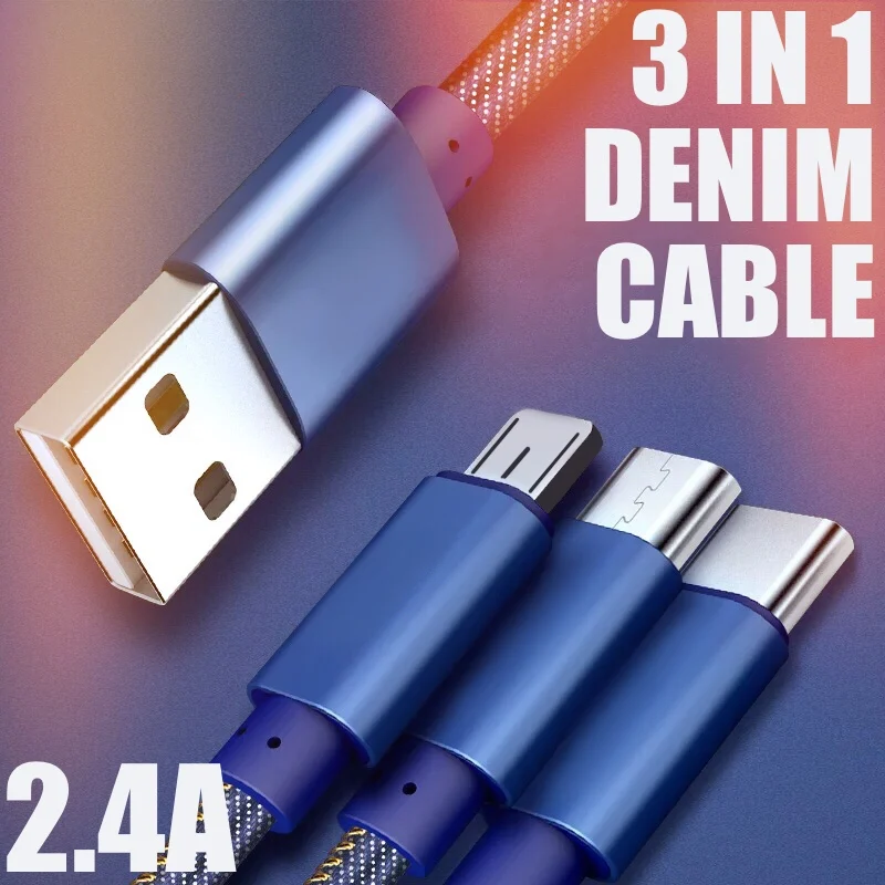 3 In 1 Denim USB Cable Micro USB Charging Cord For Samsung Type C Cable Wire For Xiaomi Huawei Data USB Cable For iPhone
3 In 1 Denim USB Cable Micro USB Charging Cord For Samsung Type C Cable Wire For Xiaomi Huawei Data USB Cable For iPhone