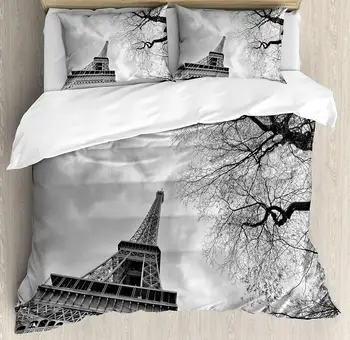 

Eiffel Tower Duvet Cover Set Eiffel Tower with Winter Tree Historical Architecture European Romantic Scene Decorative 3 Piece