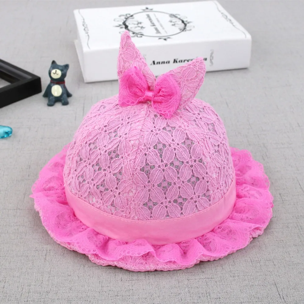 Flower Baby Princess Hat Lace Rabbit Ear Hollow Infant Kids Beach Bucket Hats Toddler Girls Sun Hats Children Trip Caps