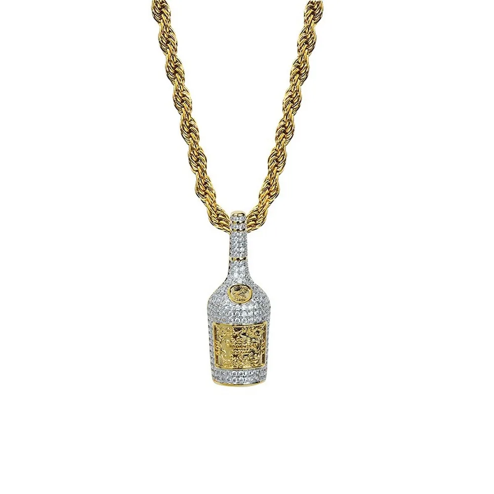 

Iced Out Chain 18K Gold Plated Fully Zirconia Simulated Diamond Wine Bottle Hip Hop Pendent Necklace for Men Women Charm Jewelry