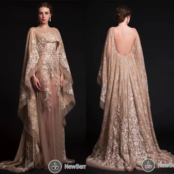 2018 Middle Champagne Prom Backless Embroidery Lace Floor Length Saudi Arab Evening Gown New Arrival mother of the bride dresses 
2018 Middle Champagne Prom Backless Embroidery Lace Floor Length Saudi Arab Evening Gown New Arrival mother of the bride dresses