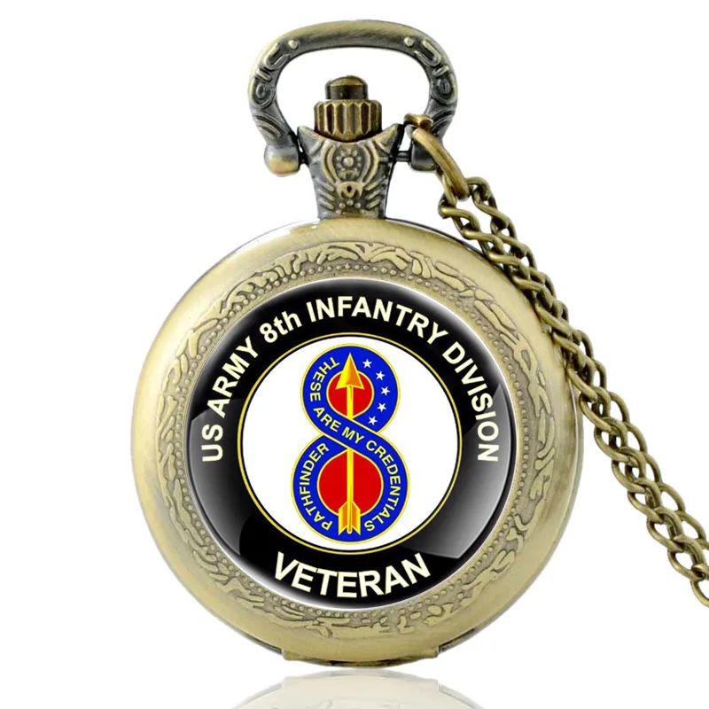 

US Army 8th Infantry Division Veteran Vintage Quartz Pocket Watch Charm Men Women Glass Dome Pendant Necklace Hours Clock