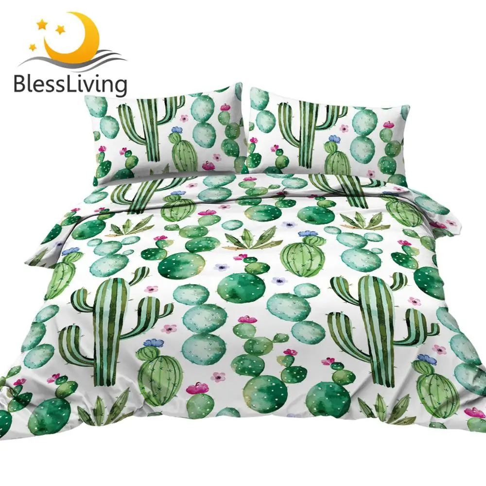 

BlessLiving Cactus Bed Set Watercolor Duvet Cover Green Plant Floral Bedding Set for Teen Tropical Bedspreads 3-Piece Queen
