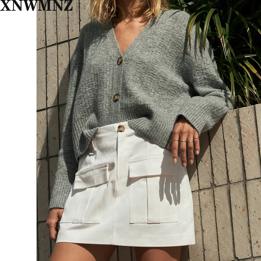 

XNWMNZ Za 2020 New Spring Autumn Vintage textured weave knit cardigan Cardigan blend V-neckline long sleeves Female Chic tops