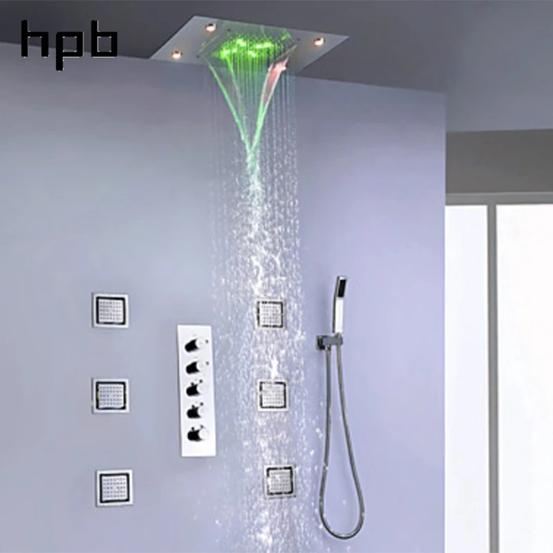 

HPB 4-Function LED Hot & Cold Shower Set with Spa Body Spray 500*360mm SUS Rainfall Waterfall Shower Head 008-50X36P-6MF