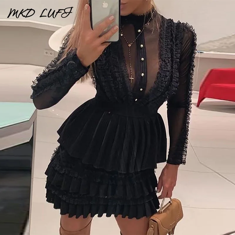 

Mock Neck Sheer Mesh Insert Ruffles Buttoned Dress Women Autumn Long Sleeve Casual Mini Dresses Vestidos