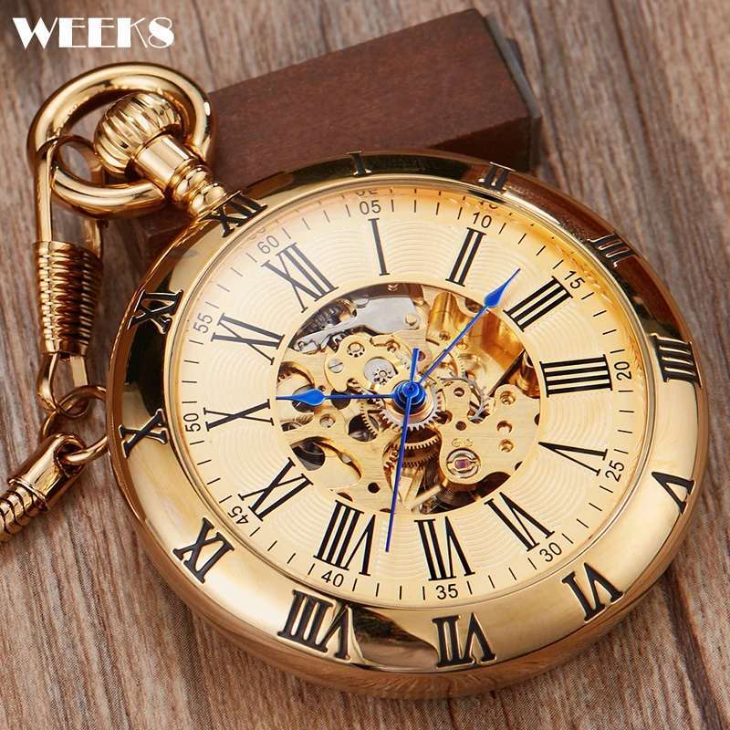 

Roman Numeral Smooth Gold Mechanical Pocket Watch Luxury Steampunk Skeleton Engraved Fob Chain Clock for Men Women Collection